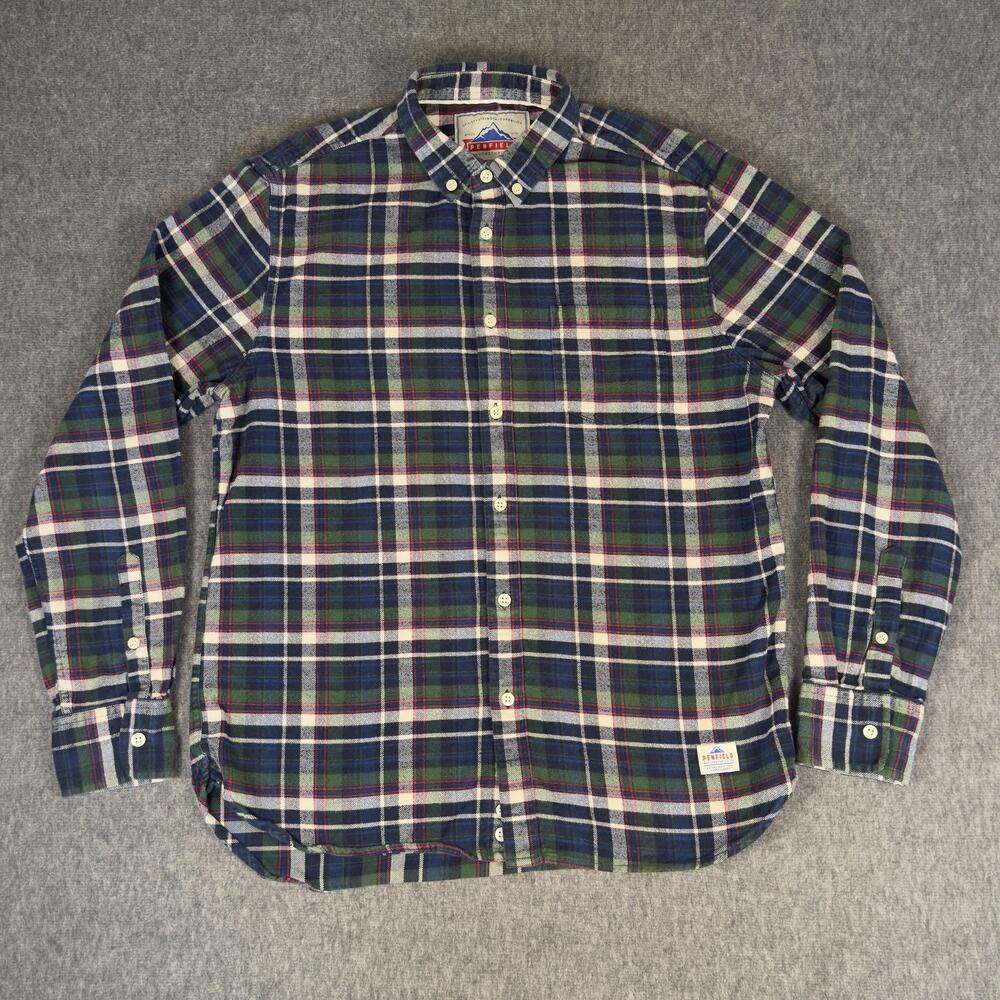 Penfield Shirt Mens Medium Blue Green Plaid Flannel Long Sleeve Button Up Casual